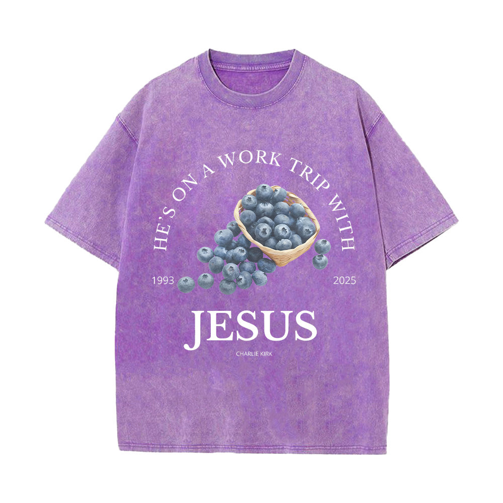 He's on a Work Trip with Jesus Unisex Washed T-Shirt