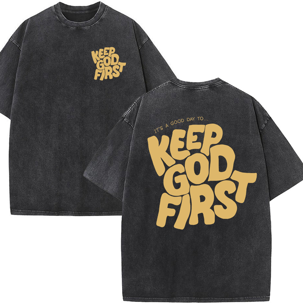 Keep God First Christian Unisex Washed T-Shirt