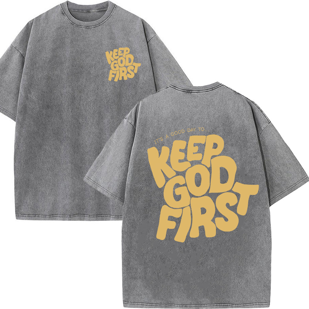Keep God First Christian Unisex Washed T-Shirt