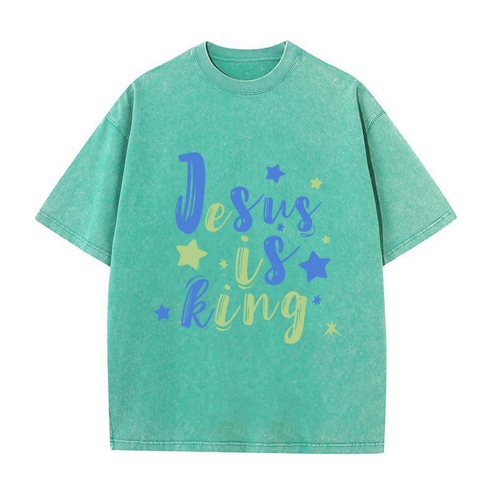 Jesus is King Denim-Style Christian Unisex Washed T-Shirt