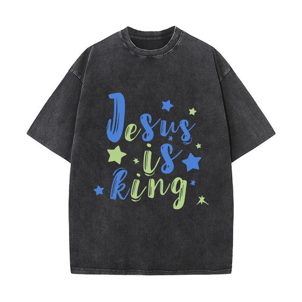 Jesus is King Denim-Style Christian Unisex Washed T-Shirt