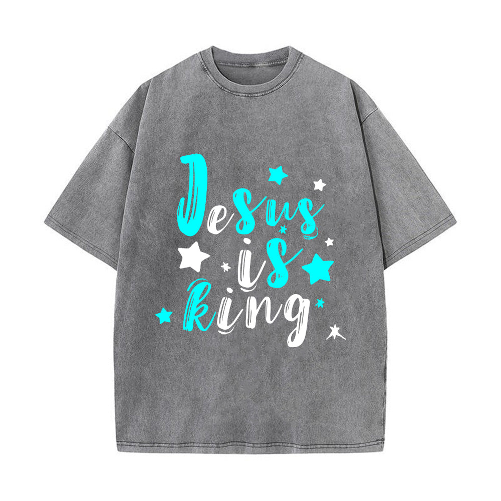 Jesus is King Denim-Style Christian Unisex Washed T-Shirt