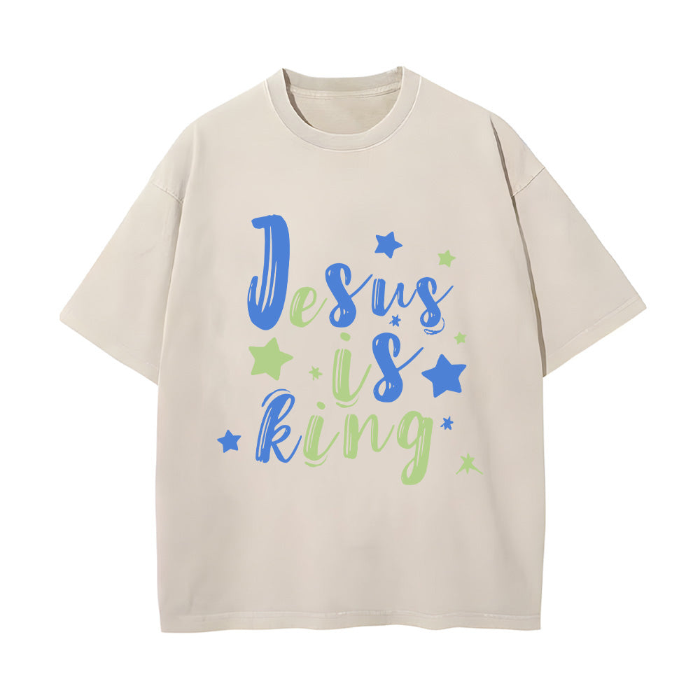 Jesus is King Denim-Style Christian Unisex Washed T-Shirt