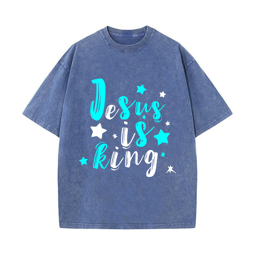 Jesus is King Denim-Style Christian Unisex Washed T-Shirt