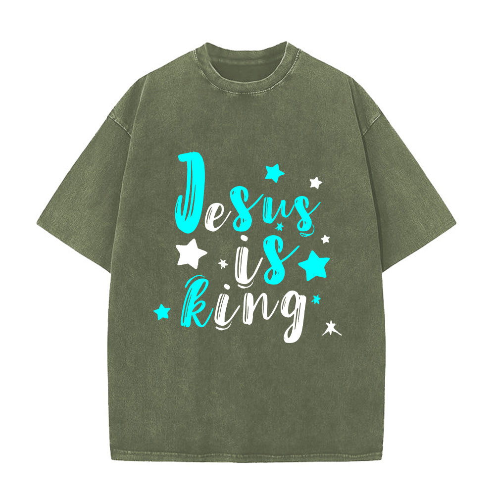 Jesus is King Denim-Style Christian Unisex Washed T-Shirt