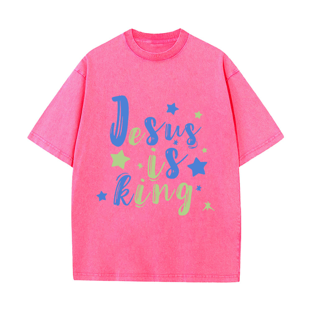 Jesus is King Denim-Style Christian Unisex Washed T-Shirt