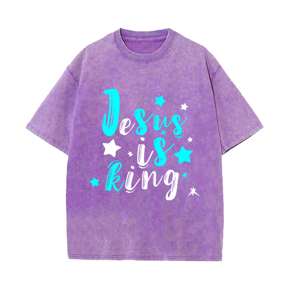 Jesus is King Denim-Style Christian Unisex Washed T-Shirt