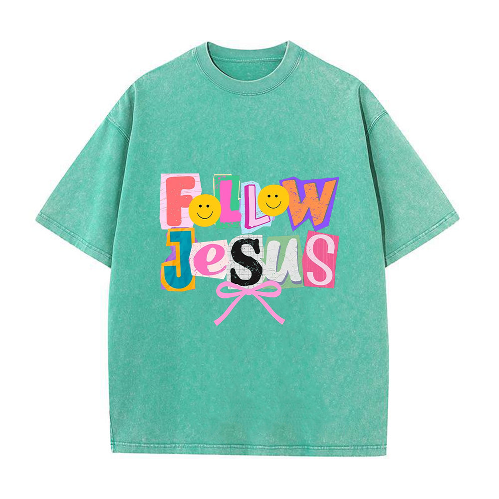 Follow Jesus Colorful Patchwork Unisex Washed T-Shirt