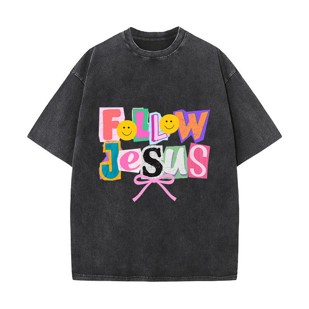 Follow Jesus Colorful Patchwork Unisex Washed T-Shirt