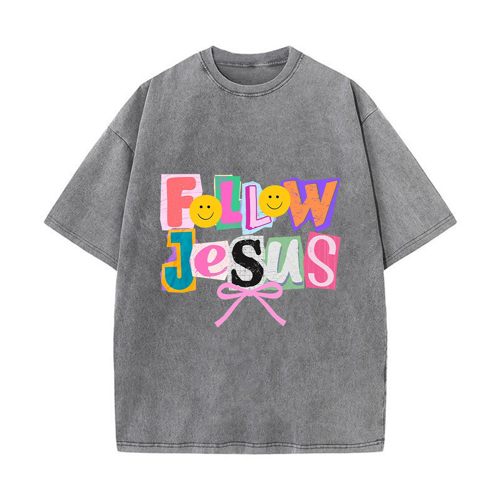Follow Jesus Colorful Patchwork Unisex Washed T-Shirt