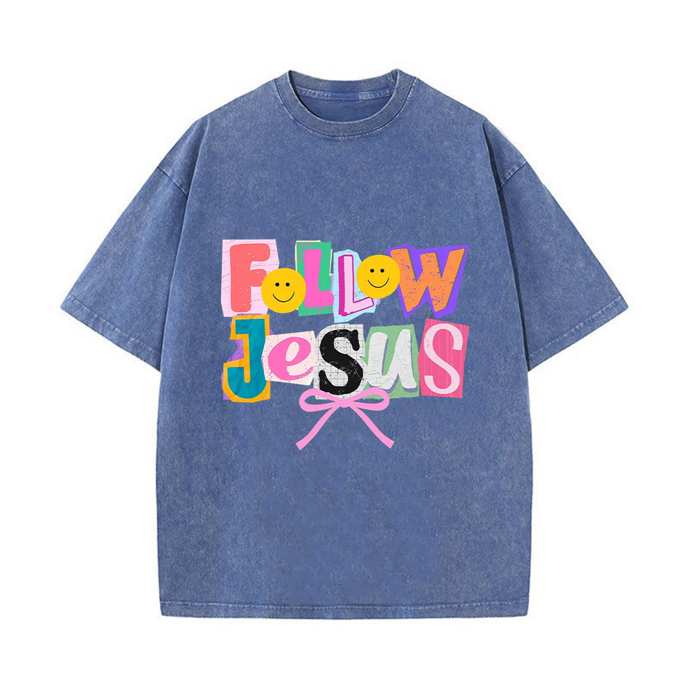 Follow Jesus Colorful Patchwork Unisex Washed T-Shirt