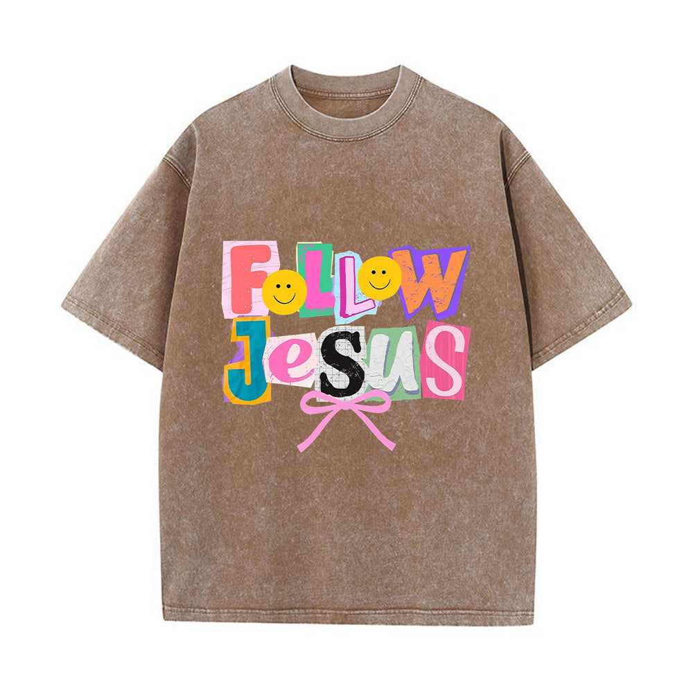 Follow Jesus Colorful Patchwork Unisex Washed T-Shirt