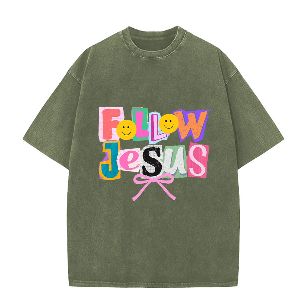 Follow Jesus Colorful Patchwork Unisex Washed T-Shirt