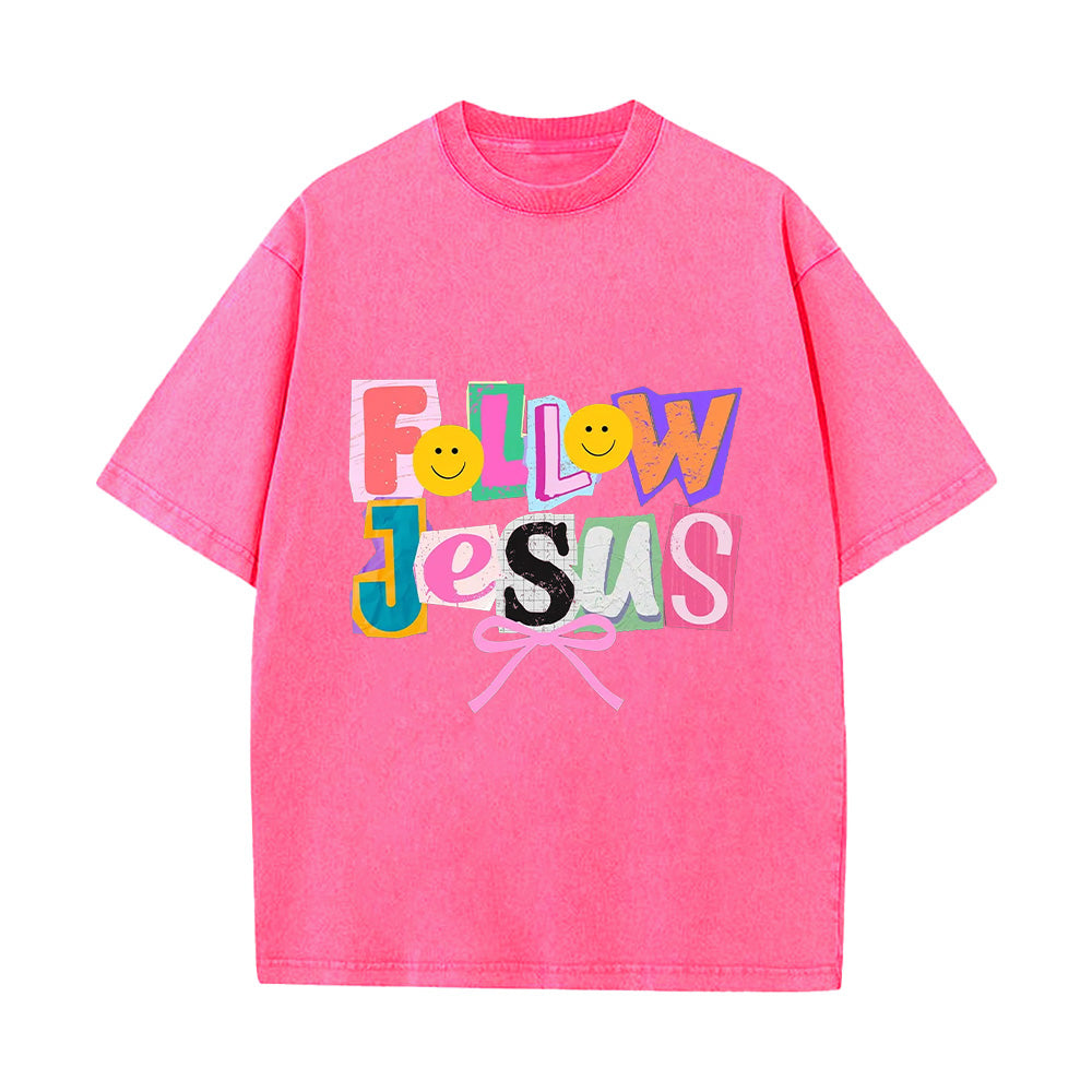 Follow Jesus Colorful Patchwork Unisex Washed T-Shirt