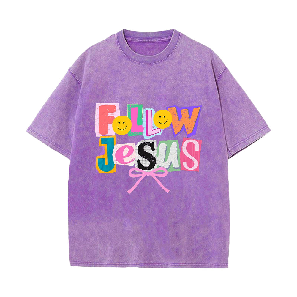 Follow Jesus Colorful Patchwork Unisex Washed T-Shirt
