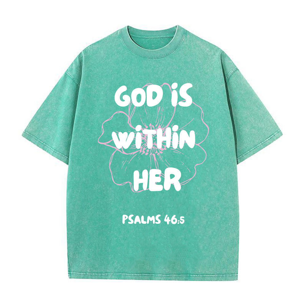 God is Within Her Flower Outline Christian Unisex Washed T-Shirt