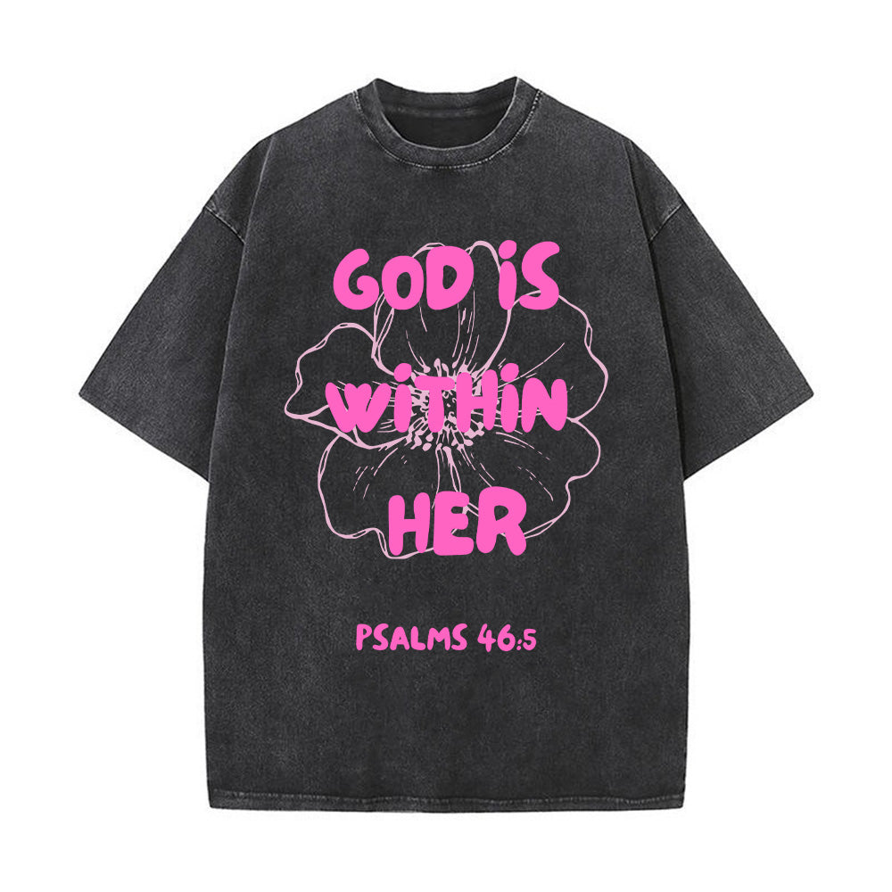 God is Within Her Flower Outline Christian Unisex Washed T-Shirt