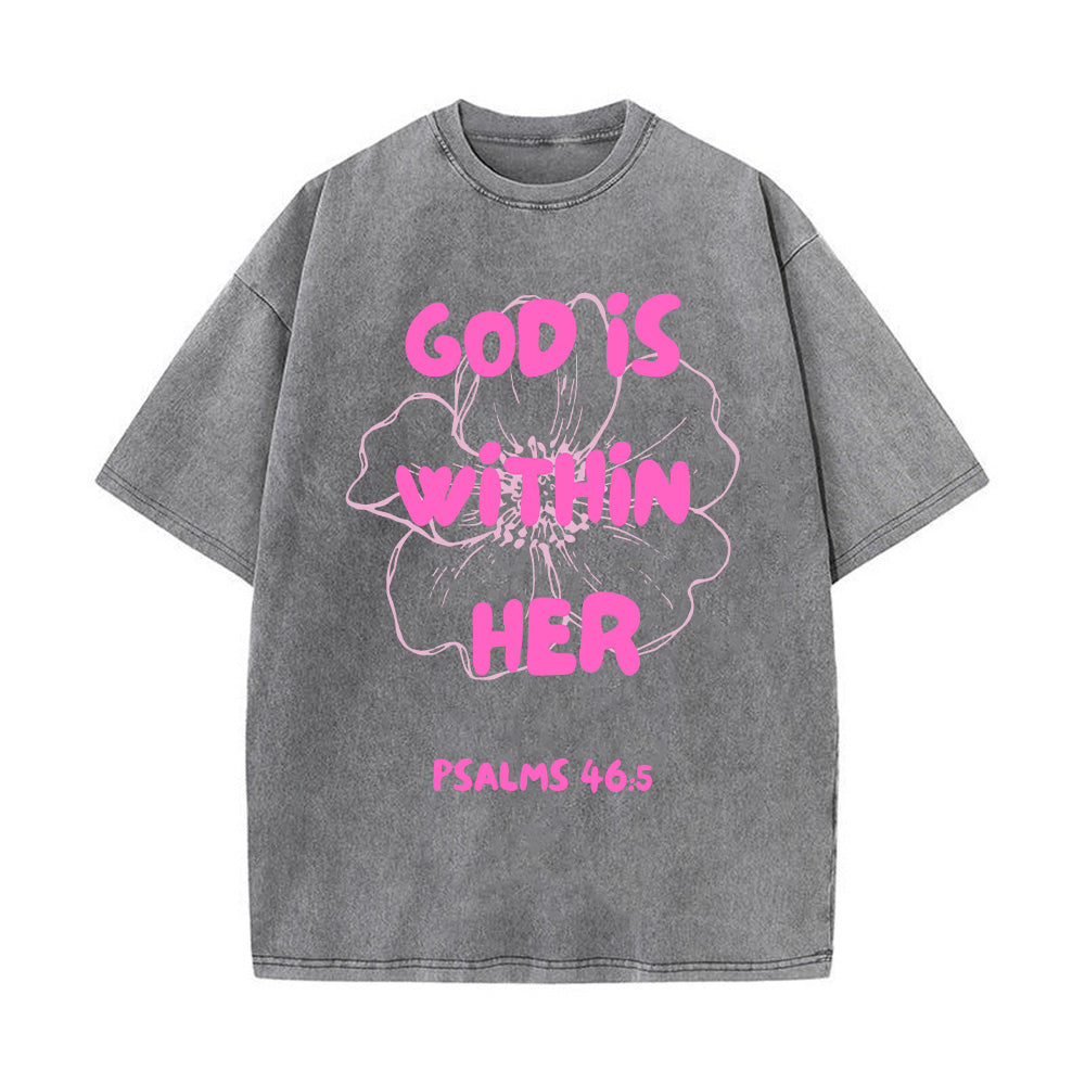 God is Within Her Flower Outline Christian Unisex Washed T-Shirt