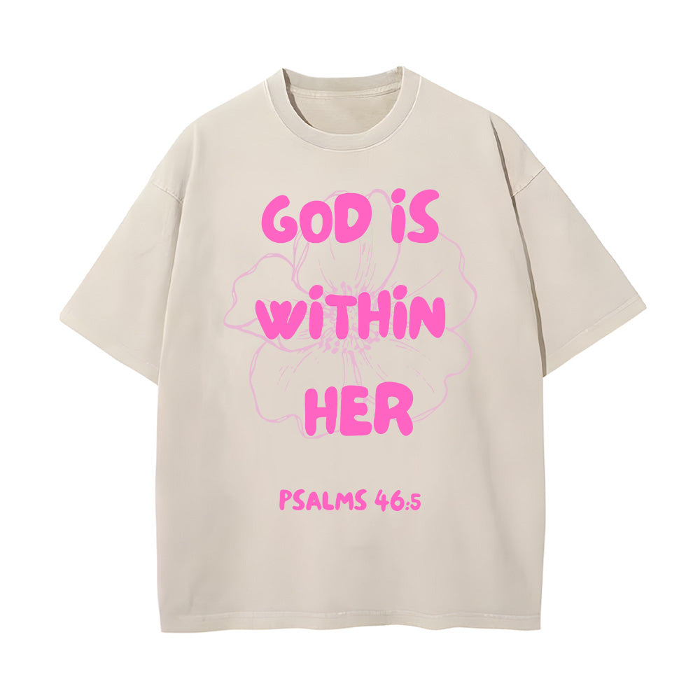 God is Within Her Flower Outline Christian Unisex Washed T-Shirt