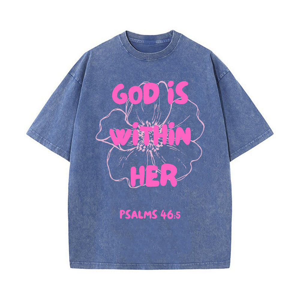 God is Within Her Flower Outline Christian Unisex Washed T-Shirt