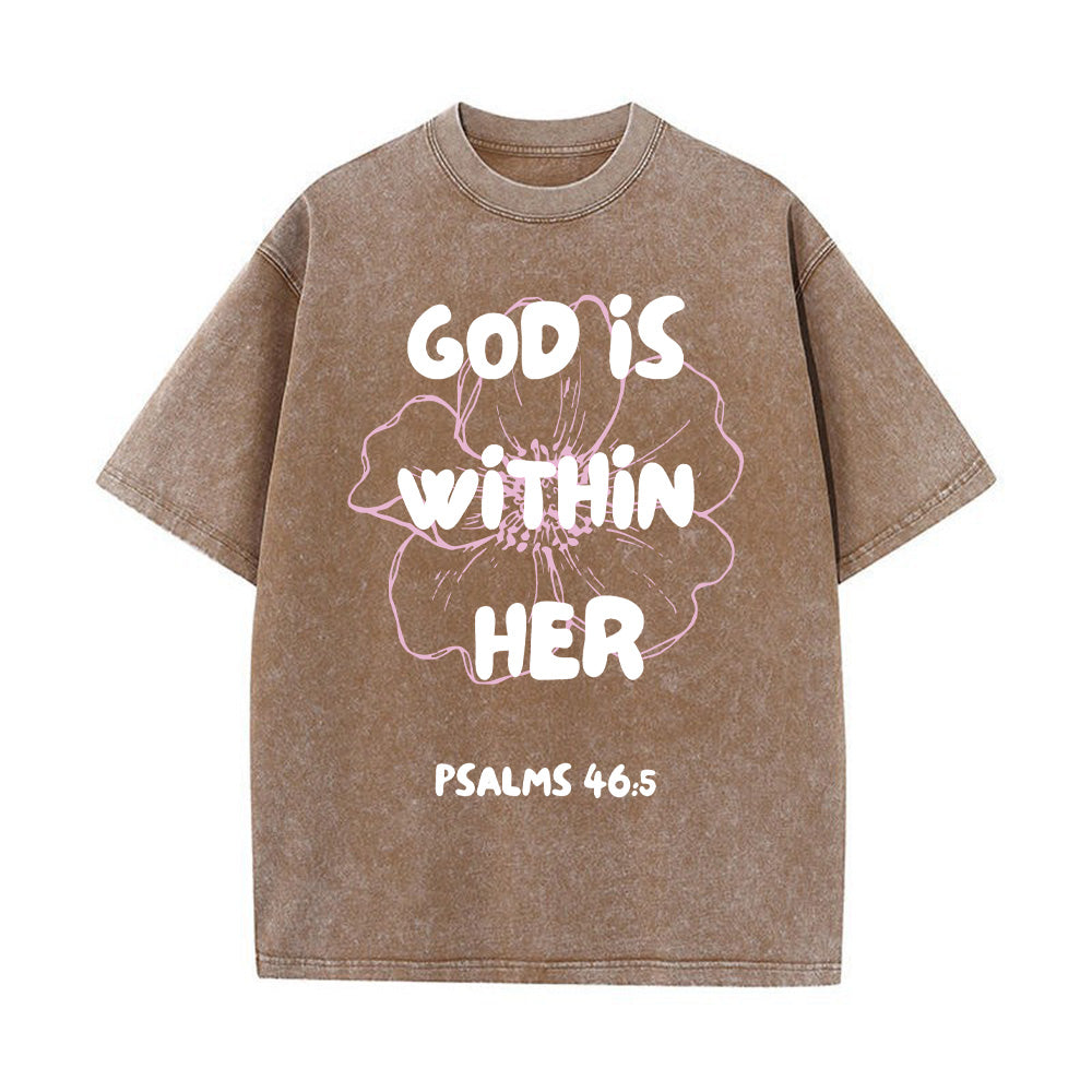 God is Within Her Flower Outline Christian Unisex Washed T-Shirt