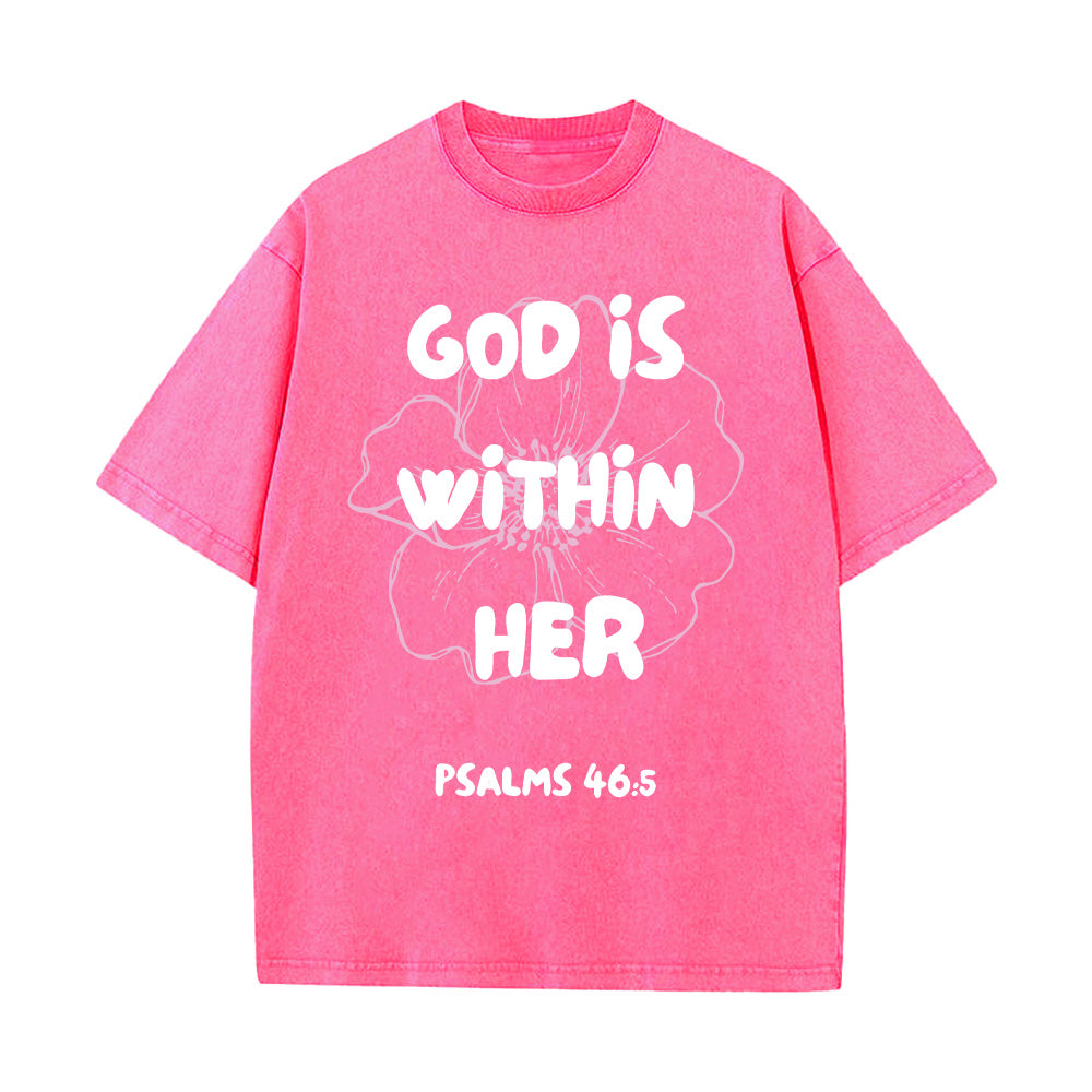 God is Within Her Flower Outline Christian Unisex Washed T-Shirt