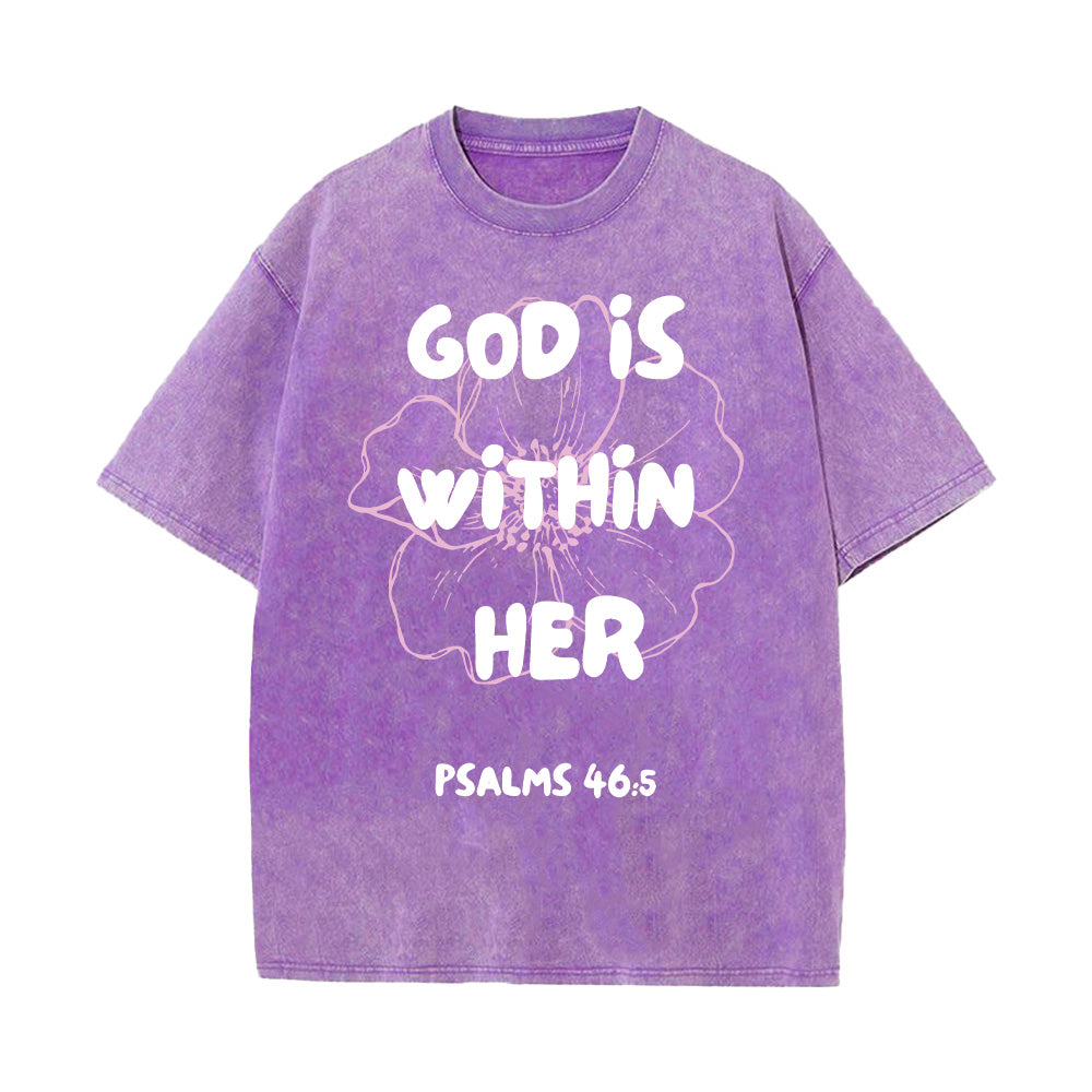 God is Within Her Flower Outline Christian Unisex Washed T-Shirt
